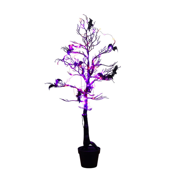 4' Pre-Lit Artificial Halloween Black Spooky Twig Tree with Bats and 120 Orange & Purple LED Lights