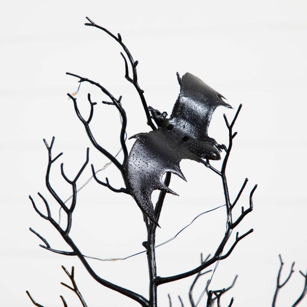 4' Pre-Lit Artificial Halloween Black Spooky Twig Tree with Bats and 120 Orange & Purple LED Lights
