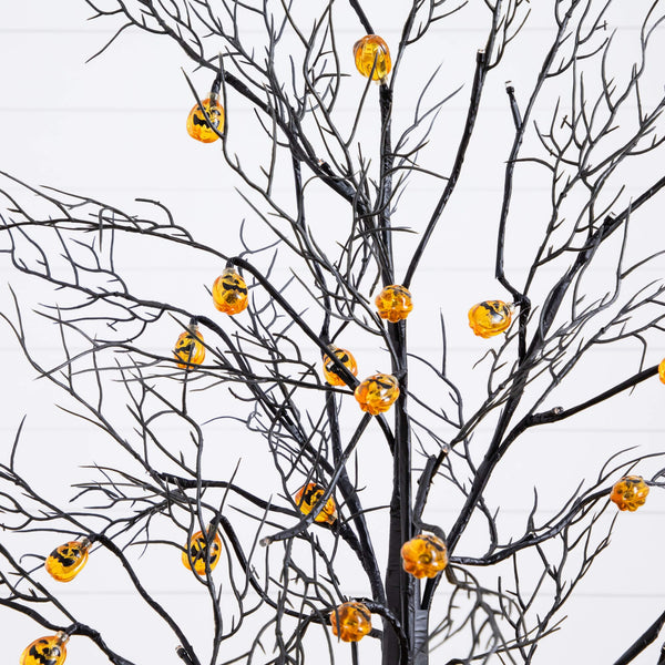 4' Pre-Lit Artificial Halloween Black Twig Tree with 24 Orange LED Pumpkin Shaped Lights