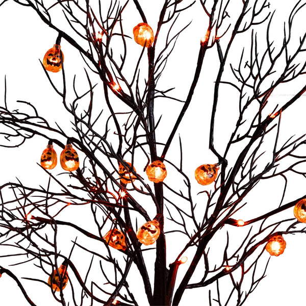 4' Pre-Lit Artificial Halloween Black Twig Tree with 24 Orange LED Pumpkin Shaped Lights