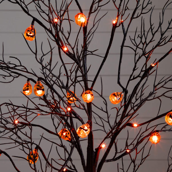 4' Pre-Lit Artificial Halloween Black Twig Tree with 24 Orange LED Pumpkin Shaped Lights