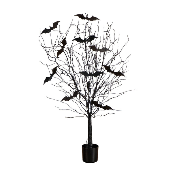 4' Pre-Lit Artificial Halloween Black Twig Tree with Bats and 50 Orange LED Lights