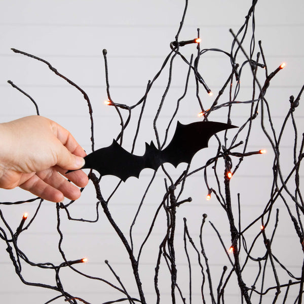 4' Pre-Lit Artificial Halloween Black Twig Tree with Bats and 50 Orange LED Lights