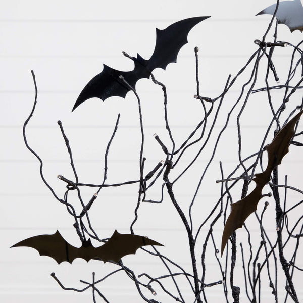 4' Pre-Lit Artificial Halloween Black Twig Tree with Bats and 50 Orange LED Lights