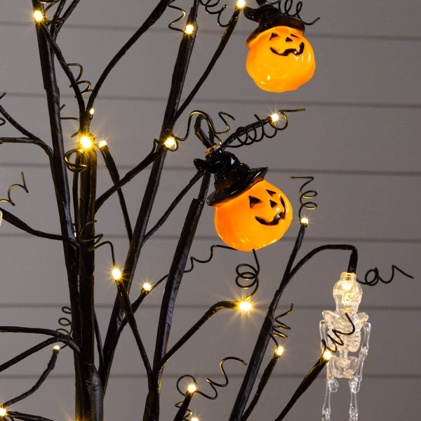 4' Pre-Lit Artificial Halloween Pumpkins and Skulls Ornament Tree with 64 Warm White LED Lights