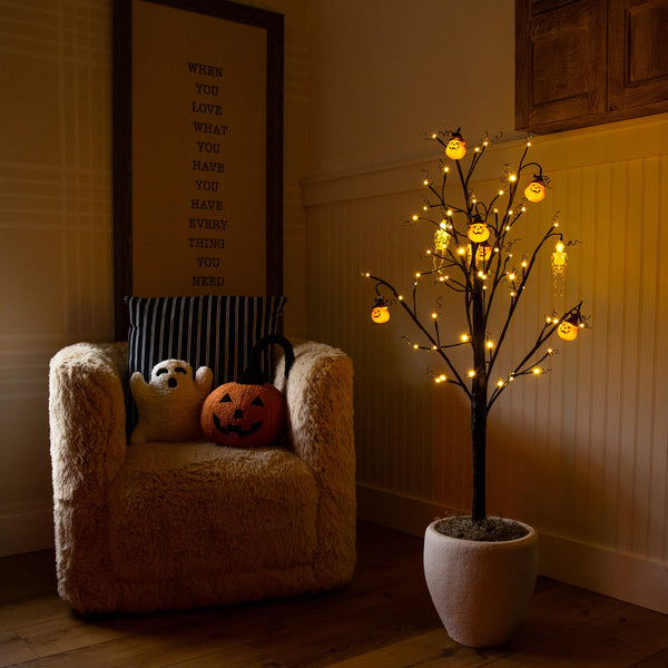 4' Pre-Lit Artificial Halloween Pumpkins and Skulls Ornament Tree with 64 Warm White LED Lights