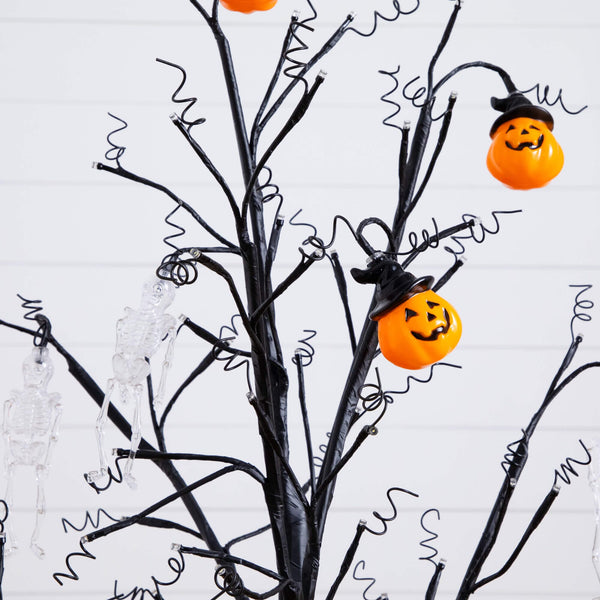 4' Pre-Lit Artificial Halloween Pumpkins and Skulls Ornament Tree with 64 Warm White LED Lights
