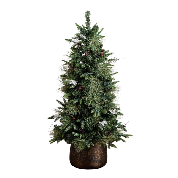 4' Pre-Lit Artificial Mixed Pine Snowed Christmas Tree with Pinecones in Decorative Planter with 60 Warm White LED Lights