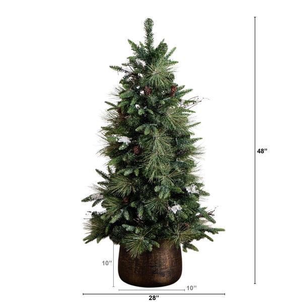 4' Pre-Lit Artificial Mixed Pine Snowed Christmas Tree with Pinecones in Decorative Planter with 60 Warm White LED Lights