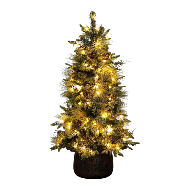 4' Pre-Lit Artificial Mixed Pine Snowed Christmas Tree with Pinecones in Decorative Planter with 60 Warm White LED Lights