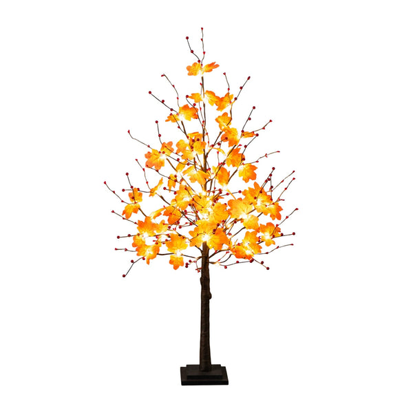 4' Pre-Lit Autumn Maple Artificial Fall Tree with Berries and 60 Warm White LED Lights