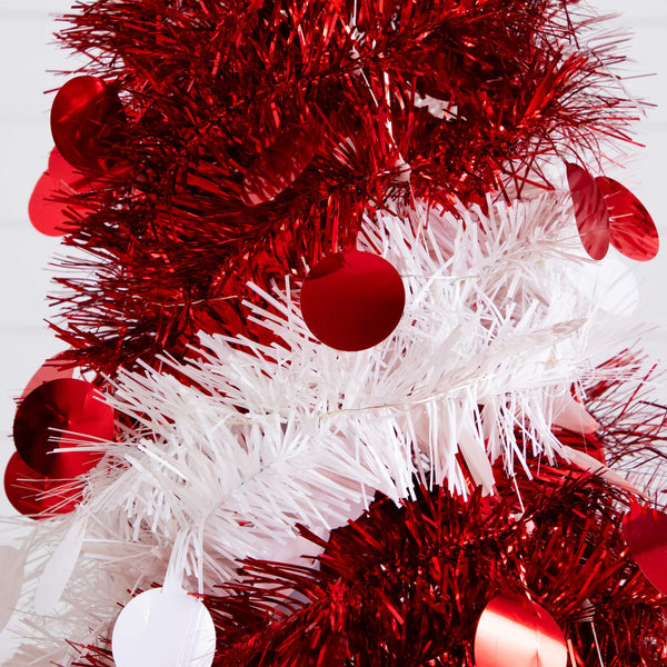 4' Pre-Lit Pop up Red & White Tinsel Christmas Tree with 50 Mutlicolored LED Lights