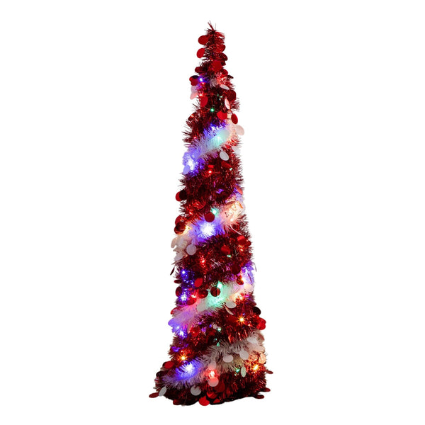 4' Pre-Lit Pop up Red & White Tinsel Christmas Tree with 50 Mutlicolored LED Lights