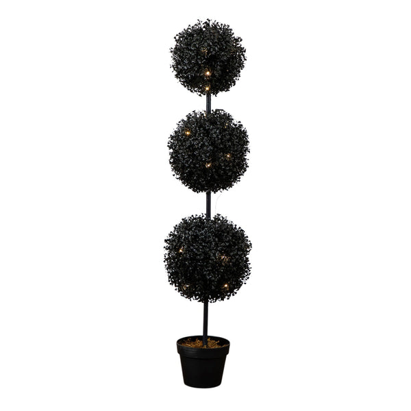 4' Pre-Lit UV Resistant Halloween Black Artificial Triple Ball Boxwood Topiary with LED Lights (Indoor/Outdoor)