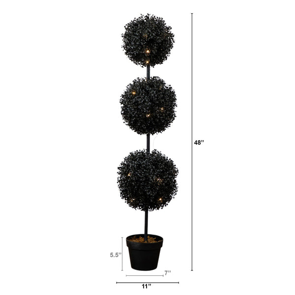 4' Pre-Lit UV Resistant Halloween Black Artificial Triple Ball Boxwood Topiary with LED Lights (Indoor/Outdoor)