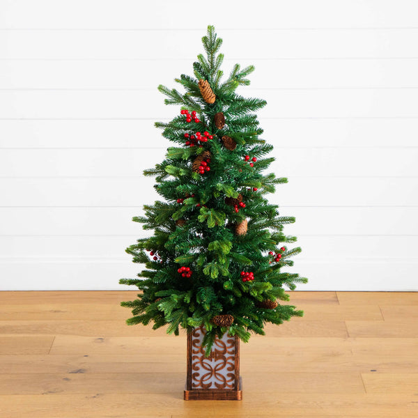 4' Pre-Lit Artificial Christmas Tree with Pinecones, Berries and 100 Multicolored LED Lights in Decorative Planter