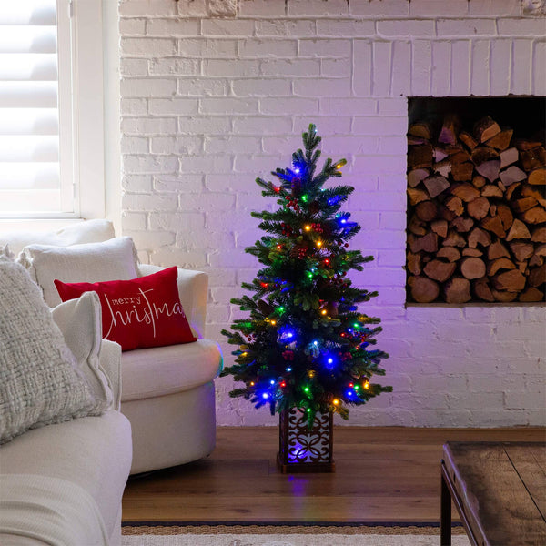 4' Pre-Lit Artificial Christmas Tree with Pinecones, Berries and 100 Multicolored LED Lights in Decorative Planter