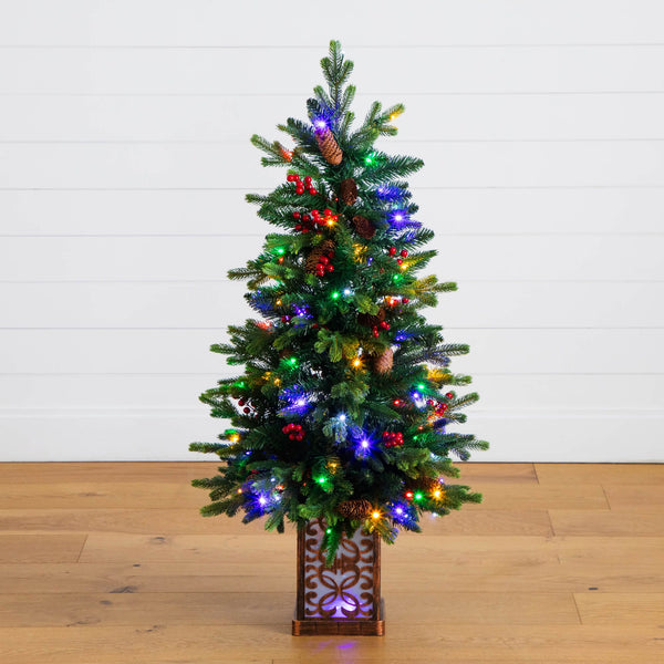 4' Pre-Lit Artificial Christmas Tree with Pinecones, Berries and 100 Multicolored LED Lights in Decorative Planter