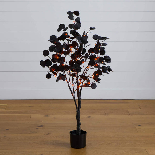 4' Pre-Lit Artificial Halloween Black Eucalyptus Tree with 160 Orange & Purple LED Lights