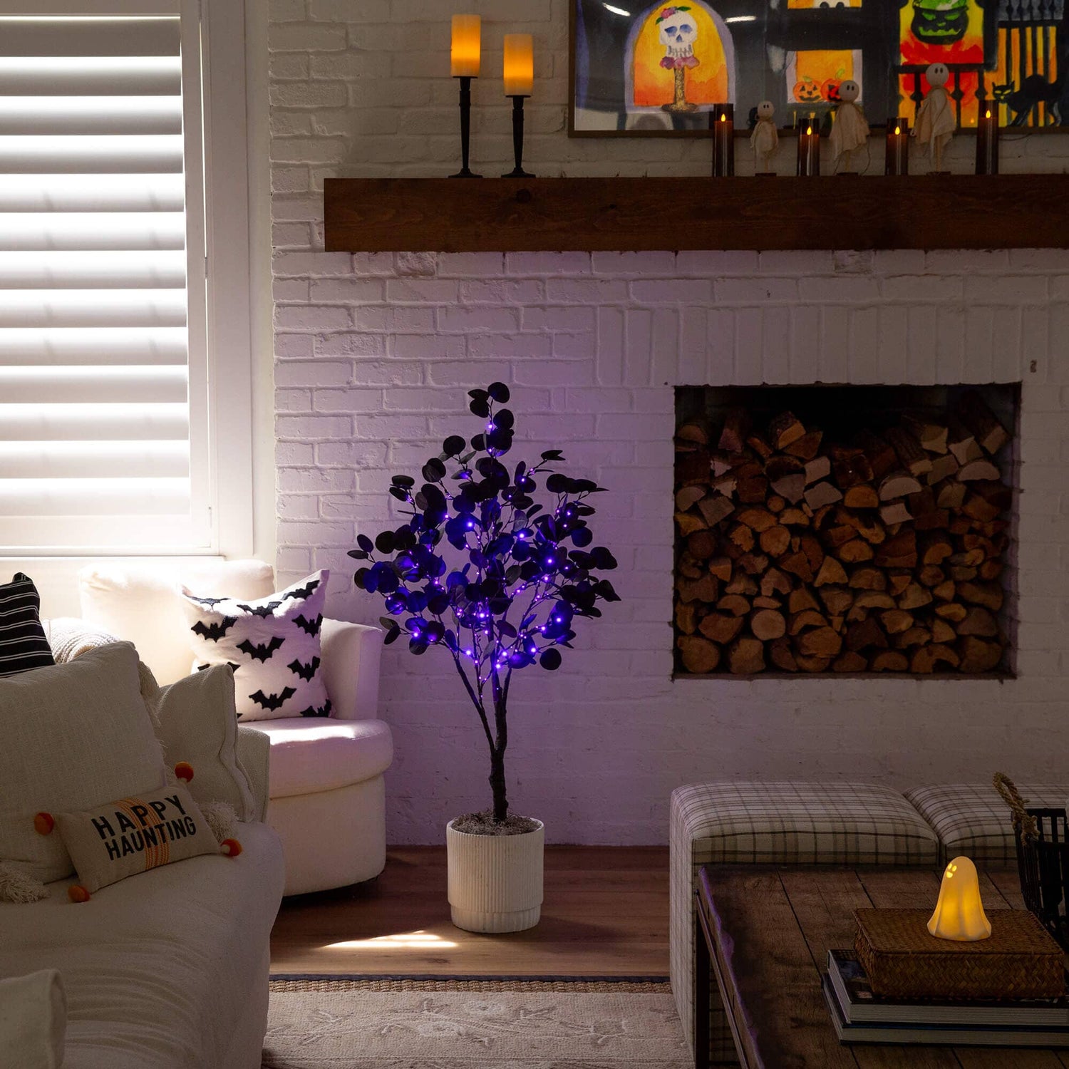 4' Pre-Lit Artificial Halloween Black Eucalyptus Tree with 160 Orange & Purple LED Lights