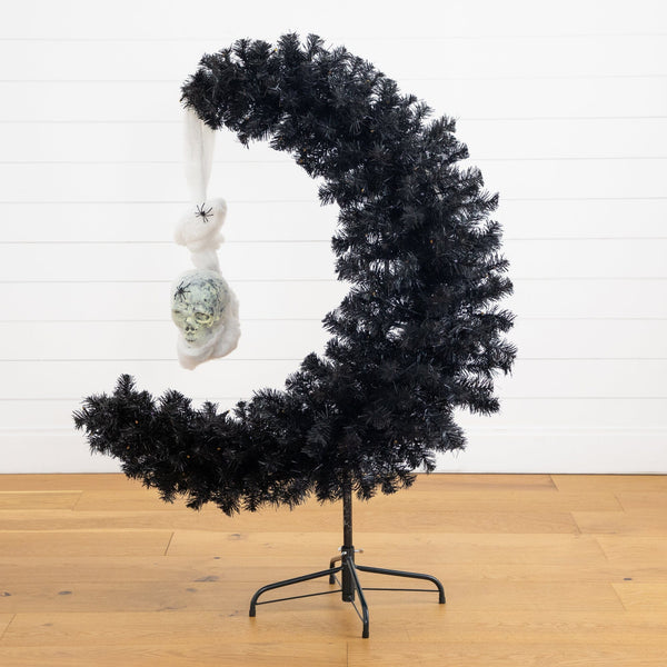 4' Pre-Lit Artificial Halloween Black Moon & Skull Tree with 250 Orange & Purple LED Lights