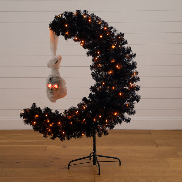 4' Pre-Lit Artificial Halloween Black Moon & Skull Tree with 250 Orange & Purple LED Lights
