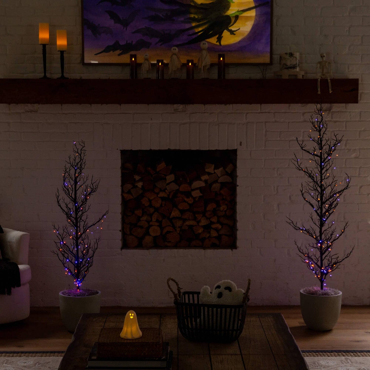 4' Pre-Lit Artificial Halloween Black Spooky Twig Tree with 160 Orange & Purple Copper Wire String LED Lights
