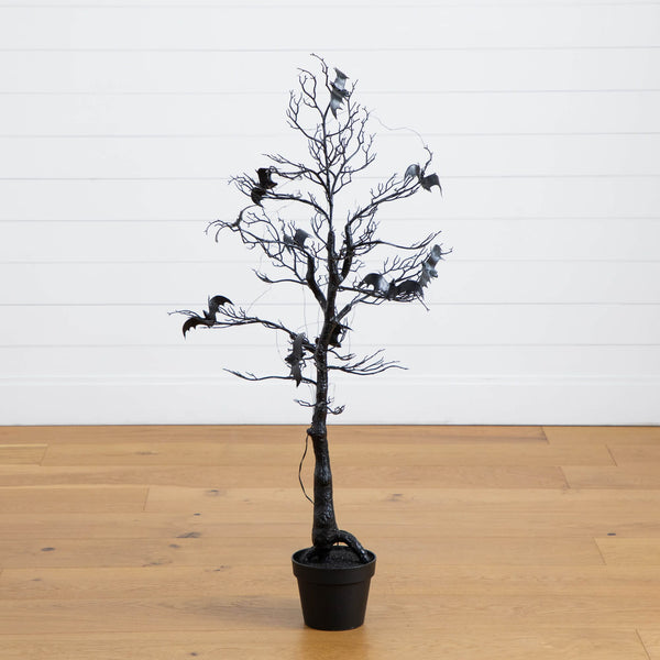 4' Pre-Lit Artificial Halloween Black Spooky Twig Tree with Bats and 120 Orange & Purple LED Lights
