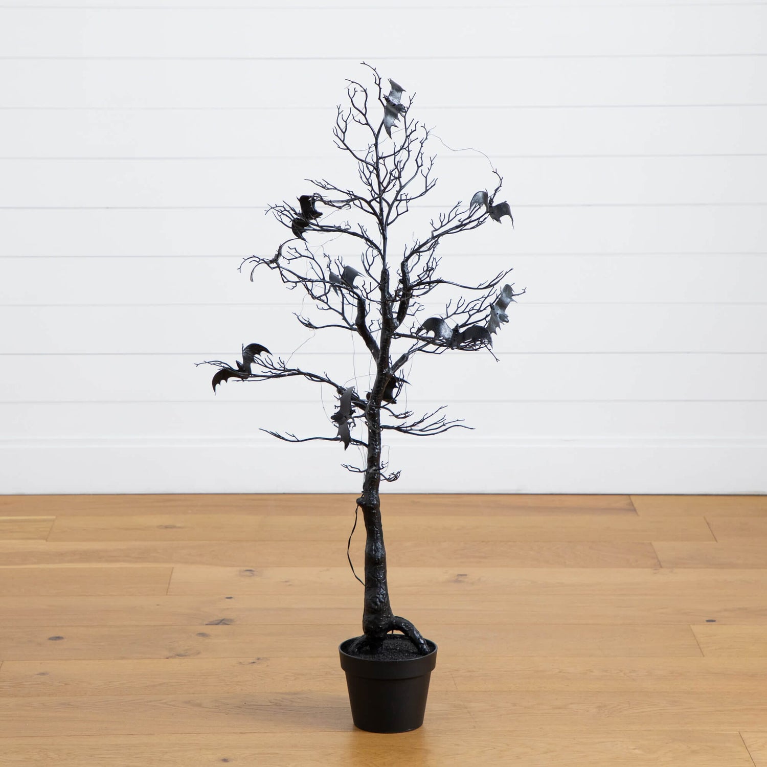 4' Pre-Lit Artificial Halloween Black Spooky Twig Tree with Bats and 120 Orange & Purple LED Lights