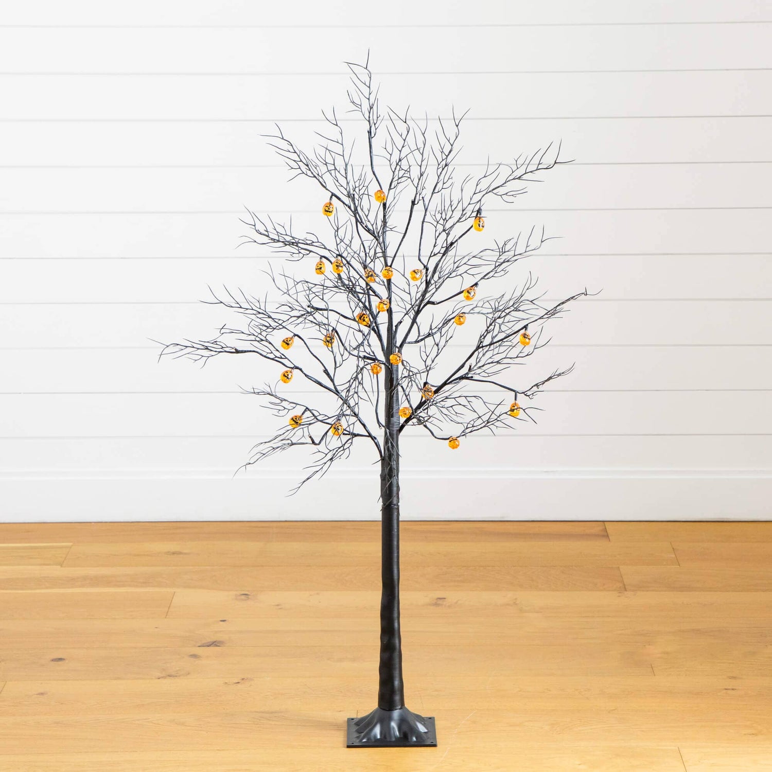 4' Pre-Lit Artificial Halloween Black Twig Tree with 24 Orange LED Pumpkin Shaped Lights