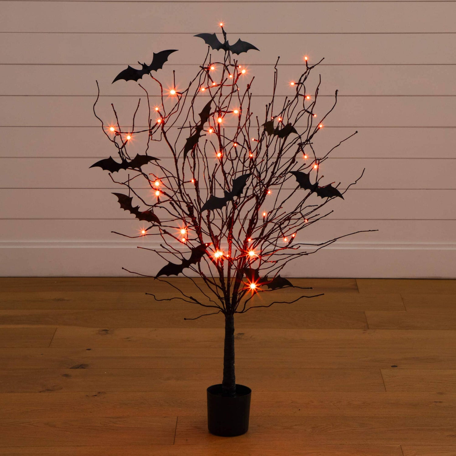 4' Pre-Lit Artificial Halloween Black Twig Tree with Bats and 50 Orange LED Lights
