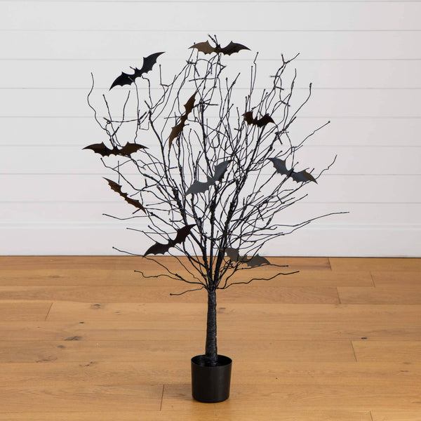 4' Pre-Lit Artificial Halloween Black Twig Tree with Bats and 50 Orange LED Lights