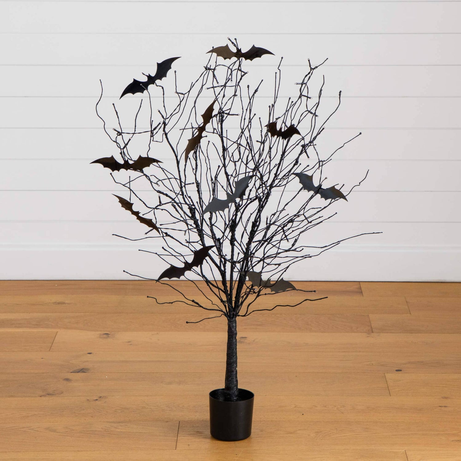4' Pre-Lit Artificial Halloween Black Twig Tree with Bats and 50 Orange LED Lights