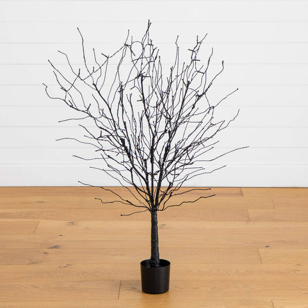 4' Pre-Lit Artificial Halloween Black Twig Tree with Bats and 50 Orange LED Lights