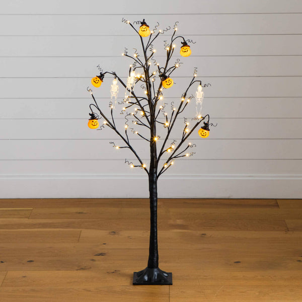 4' Pre-Lit Artificial Halloween Pumpkins and Skulls Ornament Tree with 64 Warm White LED Lights