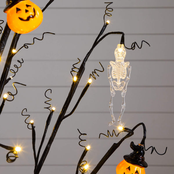 4' Pre-Lit Artificial Halloween Pumpkins and Skulls Ornament Tree with 64 Warm White LED Lights