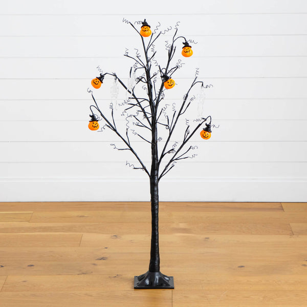 4' Pre-Lit Artificial Halloween Pumpkins and Skulls Ornament Tree with 64 Warm White LED Lights
