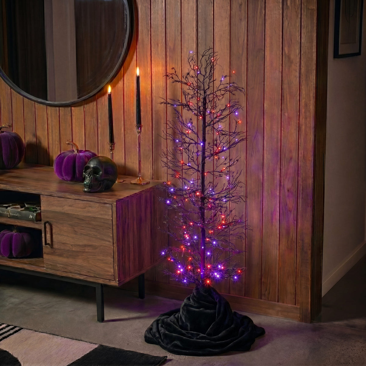 4’ Pre-Lit Artificial Halloween Spider Twig Tree with 100 Orange & Purple LED Lights