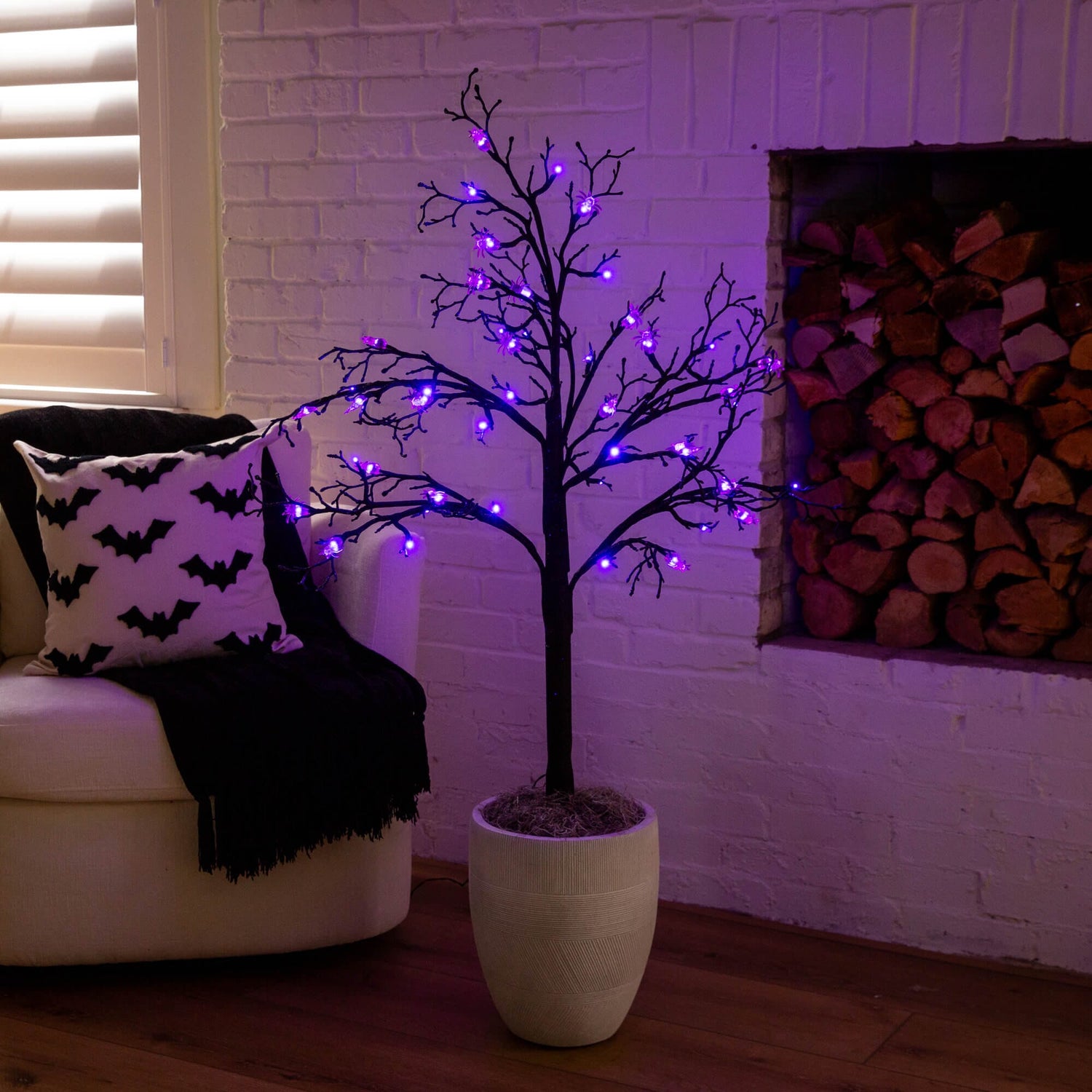 4' Pre-Lit Artificial Halloween Spider Twig Tree with 48 Purple LED Lights