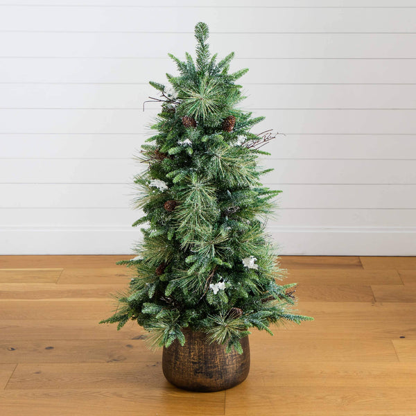 4' Pre-Lit Artificial Mixed Pine Snowed Christmas Tree with Pinecones in Decorative Planter with 60 Warm White LED Lights