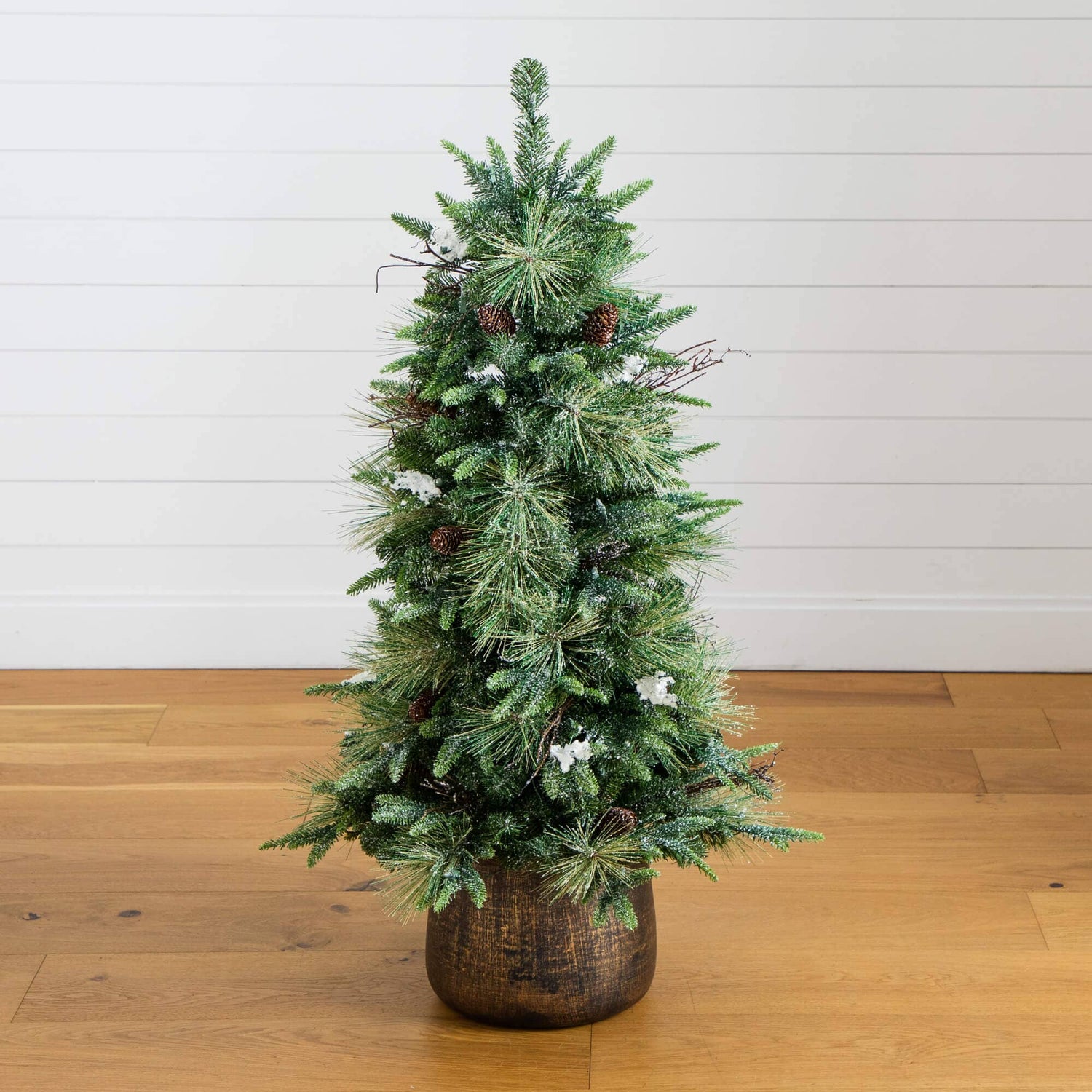 4' Pre-Lit Artificial Mixed Pine Snowed Christmas Tree with Pinecones in Decorative Planter with 60 Warm White LED Lights