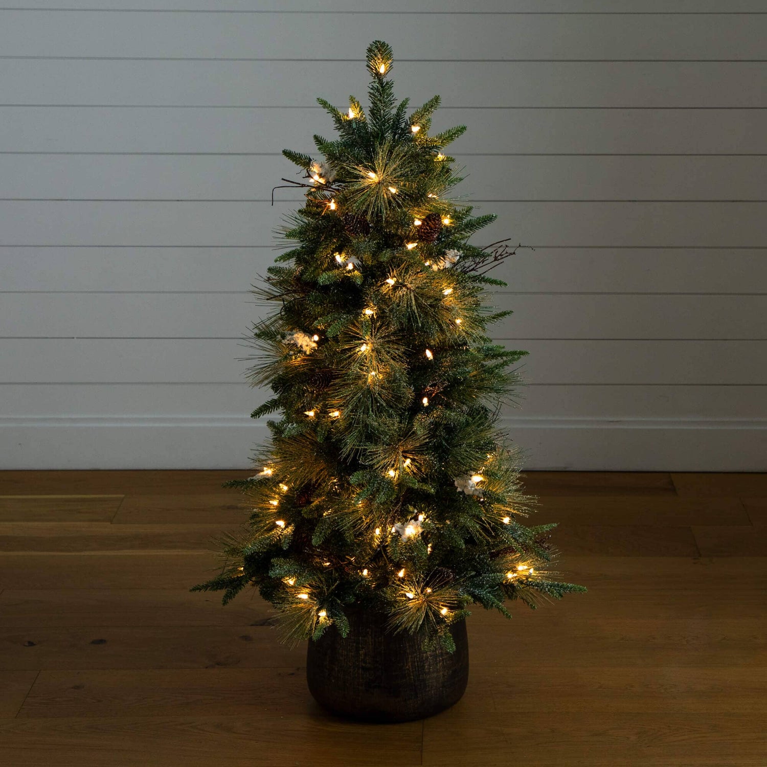4' Pre-Lit Artificial Mixed Pine Snowed Christmas Tree with Pinecones in Decorative Planter with 60 Warm White LED Lights