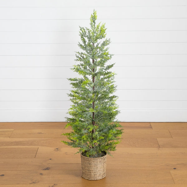 4’ Pre-Lit Artificial Snowed Cypress Christmas Tree with 120 LED Lights in Hyacinth Basket
