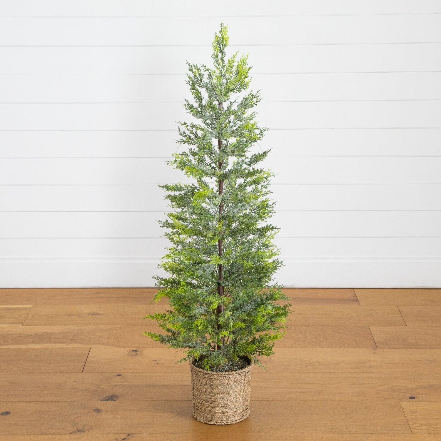4’ Pre-Lit Artificial Snowed Cypress Christmas Tree with 120 LED Lights in Hyacinth Basket