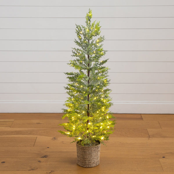 4’ Pre-Lit Artificial Snowed Cypress Christmas Tree with 120 LED Lights in Hyacinth Basket