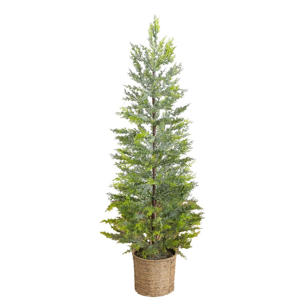 4’ Pre-Lit Artificial Snowed Cypress Christmas Tree with 120 LED Lights in Hyacinth Basket