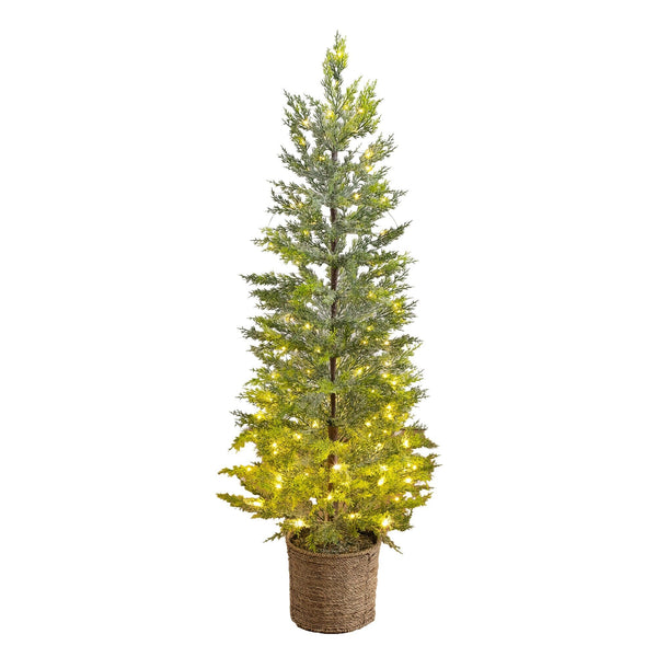 4’ Pre-Lit Artificial Snowed Cypress Christmas Tree with 120 LED Lights in Hyacinth Basket