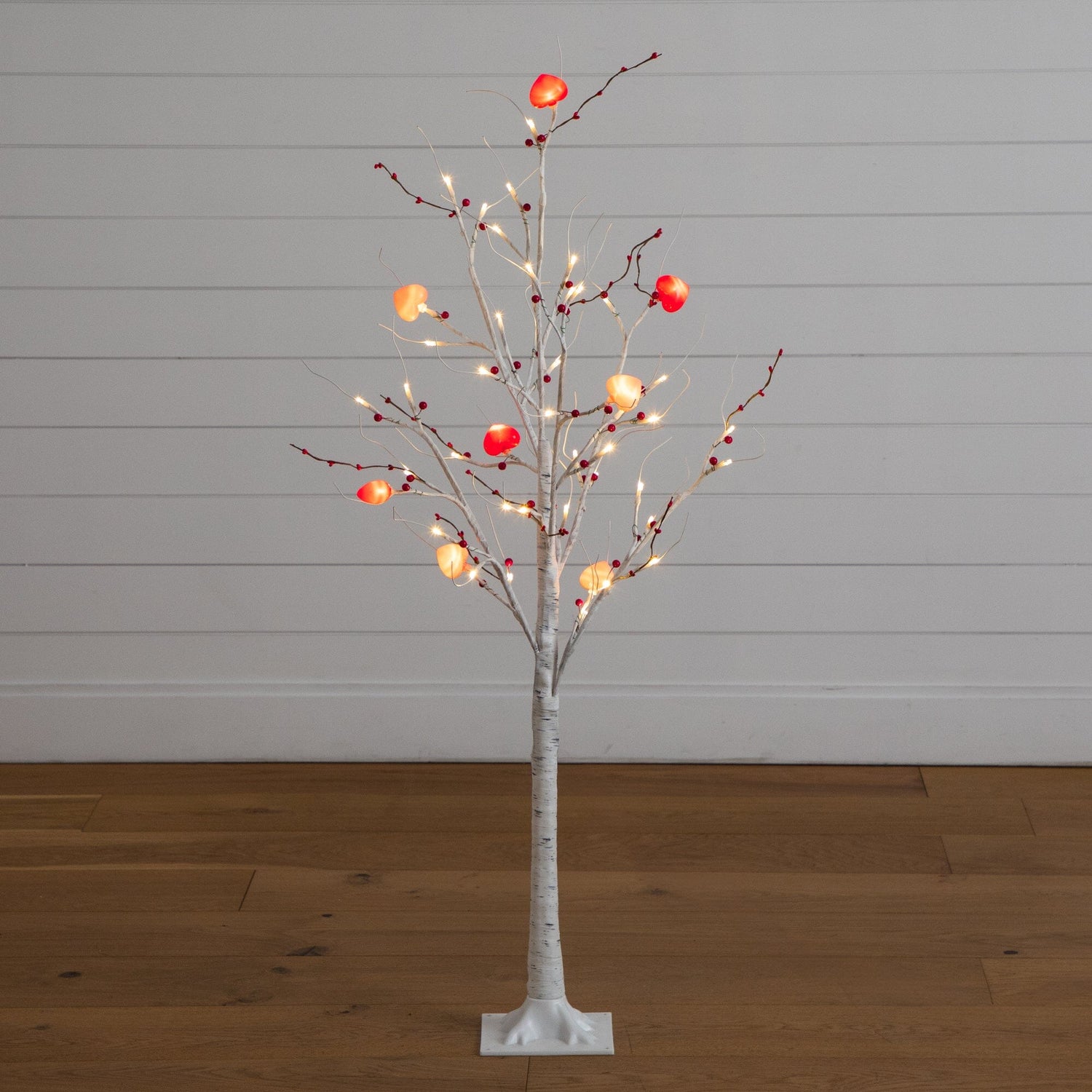 4' Pre-Lit Artificial Valentine's Day Twig Tree with 48 Heart Shaped LED Lights and Red Berries