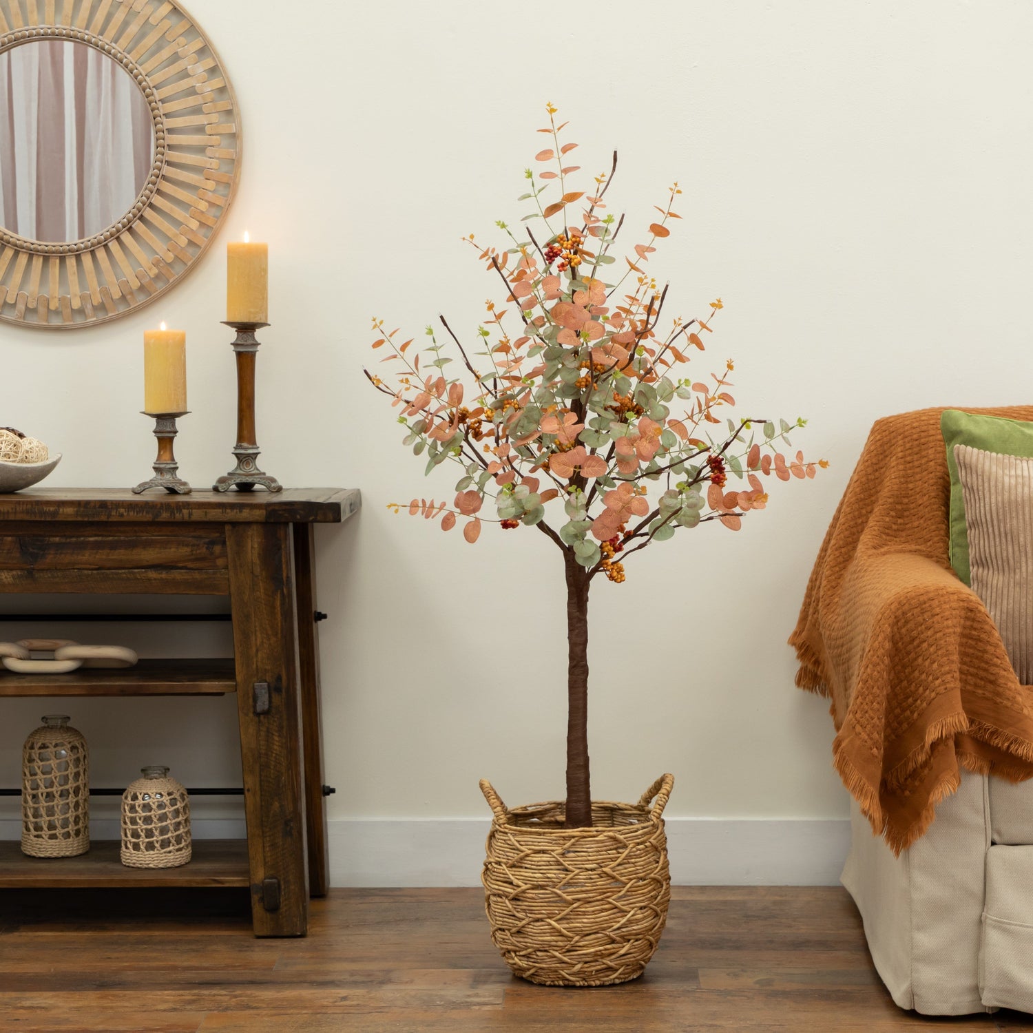 4' Pre-Lit Autumn Eucalyptus Artificial Fall Tree with Pinecones, Berries and 60 Warm White LED Lights