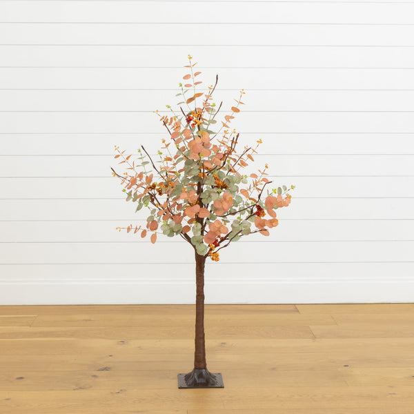 4' Pre-Lit Autumn Eucalyptus Artificial Fall Tree with Pinecones, Berries and 60 Warm White LED Lights